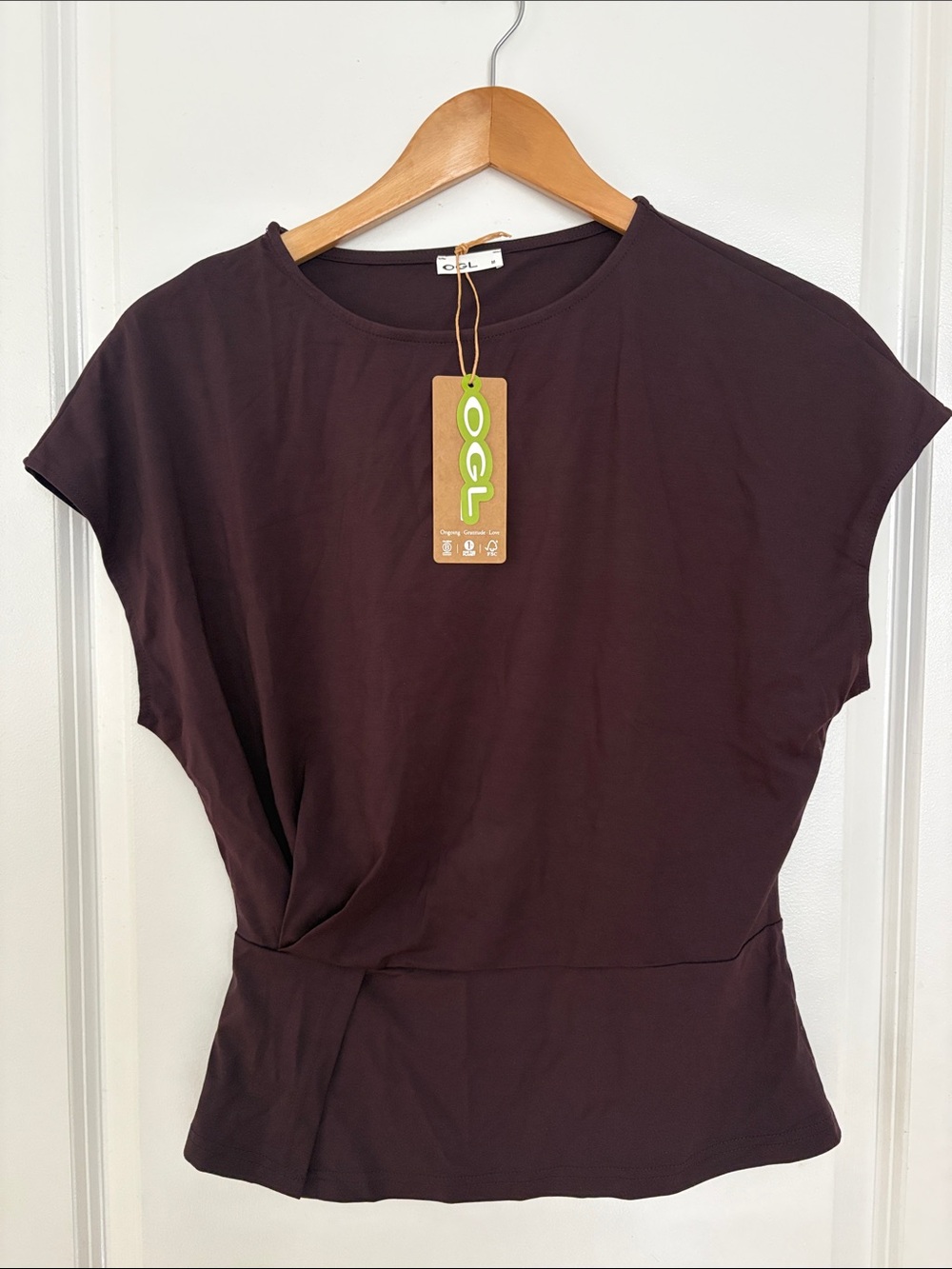 OGL Short Sleeve Twist-Waist Top — Chocolate Brown